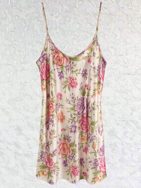 Dentelle Vintage Floral Pink & Purple Chemise Slip Dress Nightgown Lingerie Sz M